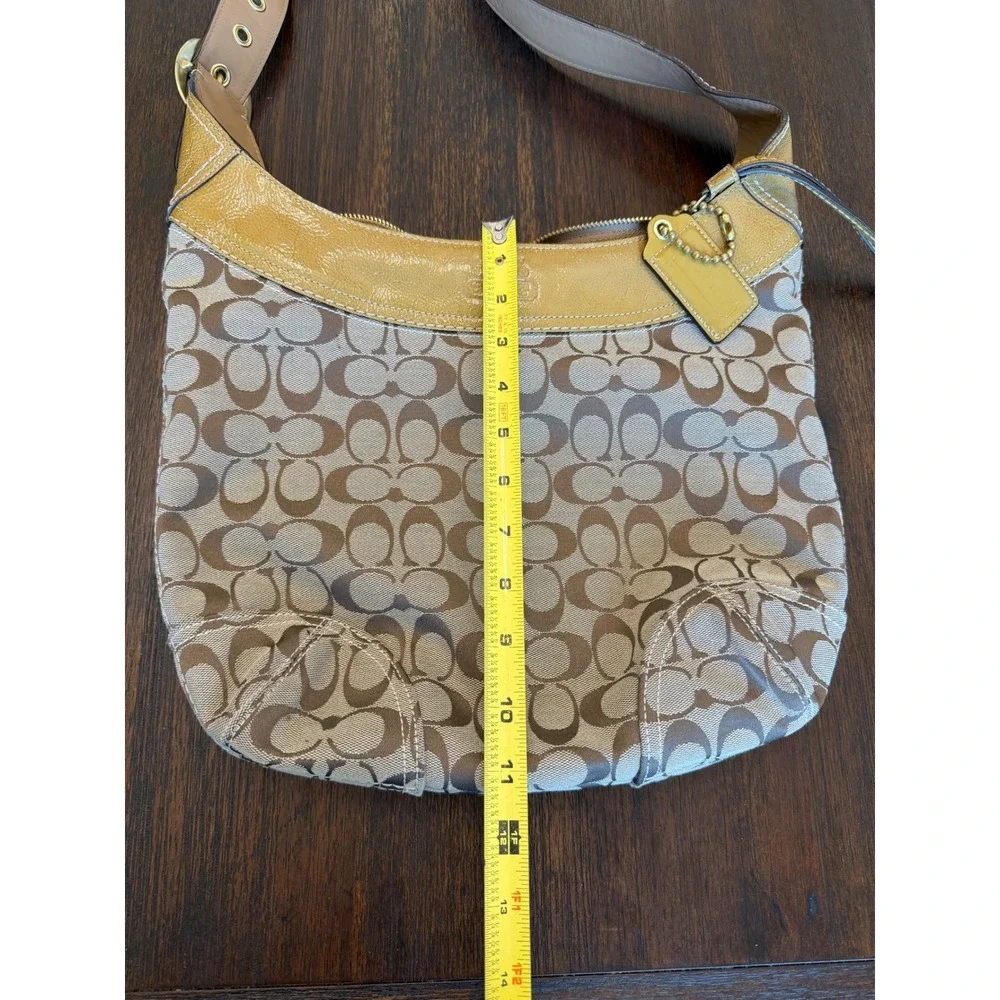 Coach Signature Jacquard Hobo Bag Yellow Patent Leather Trim Khaki Monogram